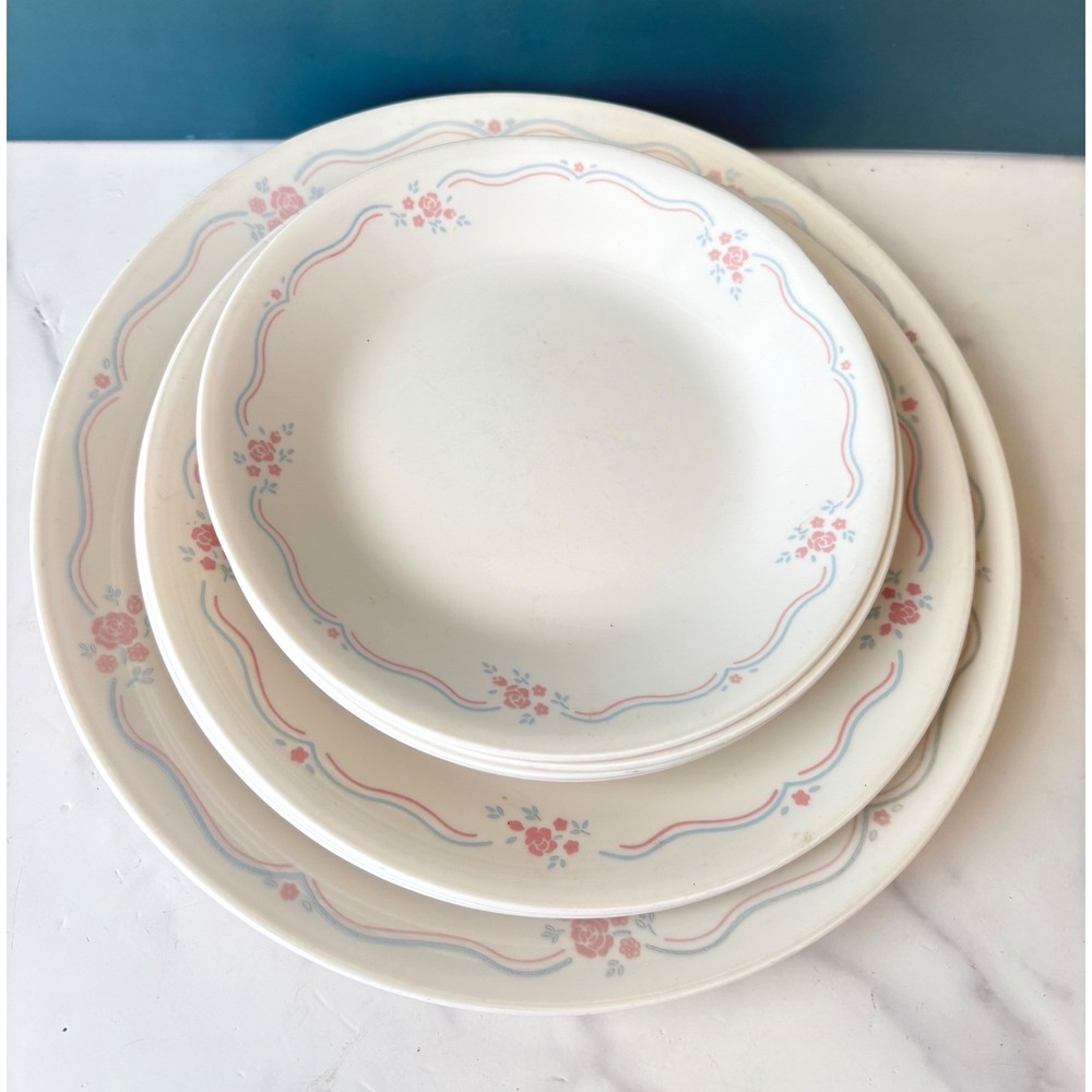 Vintage Corelle 13 Pc Lot English Breakfast Dinnerware Set Pink Floral Plates